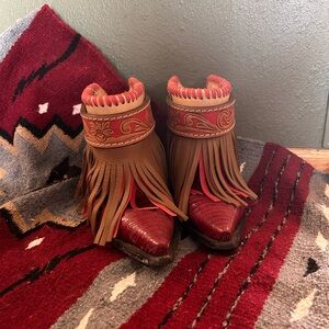Corral Red and Brown Ankle Boots with Fringe